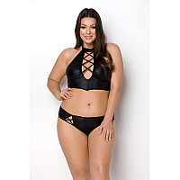 Комплект з екошкіри Passion NANACY BIKINI 4XL/5XL black, бра та трусики з імітацією шнурівки