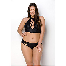 Комплект из экокожи Passion NANCY BIKINI 4XL/5XL black, бра и трусики с имитацией шнуровки