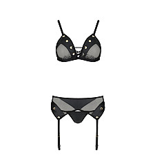 Комплект белья Passion NESSY SET XXL/XXXL black, бюстгальтер, пояс для чулок, стринги