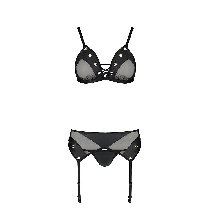 Комплект білизни Passion NESSY SET XXL/XXXL black, бюстгальтер, пояс для панчіх, стрінги