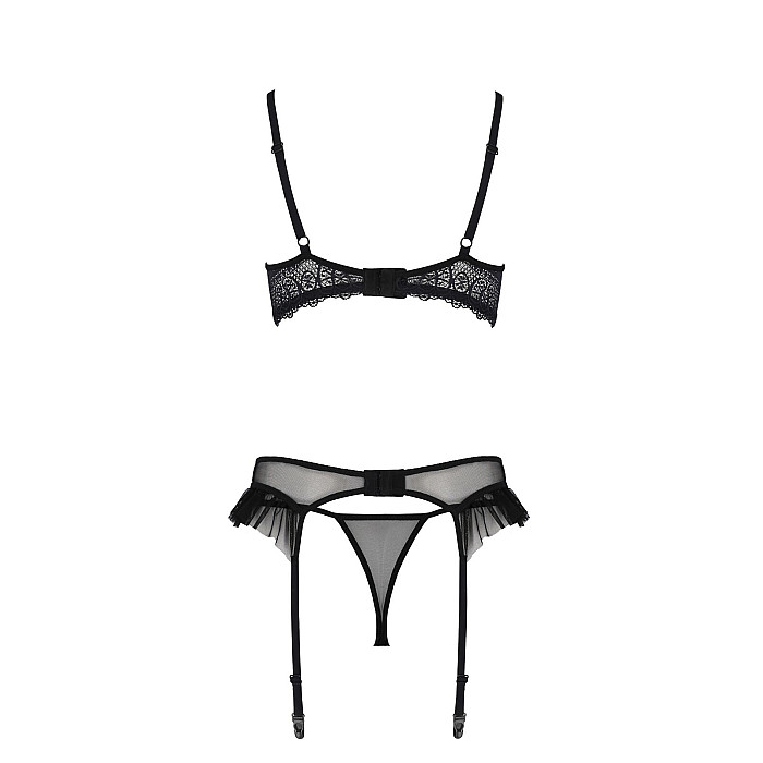 Комплект Passion KERRIA SET WITH OPEN BRA black, S/M, бюстгальтер с открытой чашкой, стринги, пояс для чулок