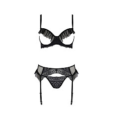 Комплект Passion KERRIA SET WITH OPEN BRA black, S/M, бюстгальтер с открытой чашкой, стринги, пояс для чулок