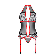 Корсет с пажами Passion SATARA CORSET XXL/XXXL red, стринги, кружево, застежки спереди и сзади