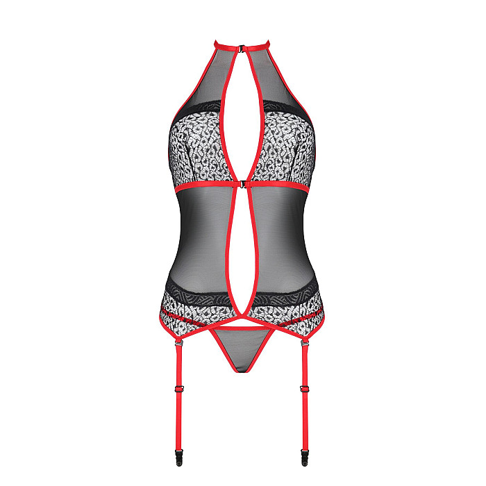 Корсет с пажами Passion SATARA CORSET XXL/XXXL red, стринги, кружево, застежки спереди и сзади