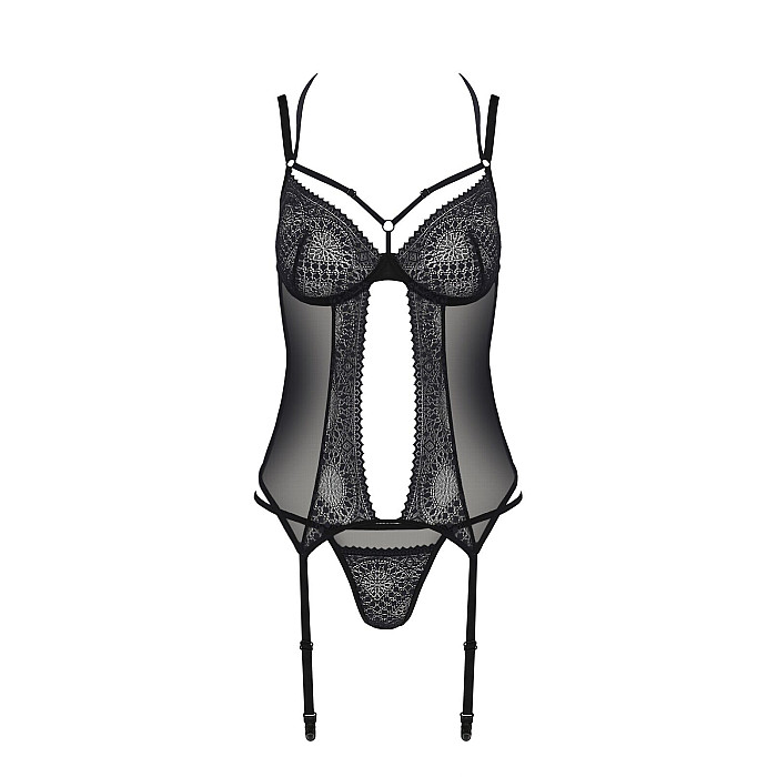 Корсет Passion DROSERA CORSET black, L/XL, с креплениями для чулок, трусики в комплекте