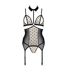 Корсет с открытой грудью Passion DOMINICA CORSET S/M beige, пажи для чулок, стринги