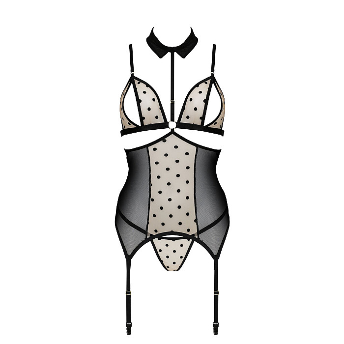 Корсет с открытой грудью Passion DOMINICA CORSET S/M beige, пажи для чулок, стринги
