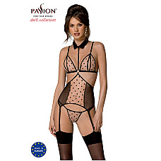 Корсет с открытой грудью Passion DOMINICA CORSET S/M beige, пажи для чулок, стринги