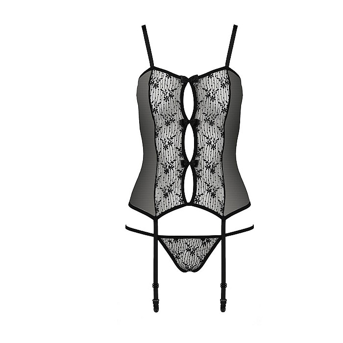 Корсет з пажами GRACIA CORSET black XXL/XXXL - Passion, трусики, напівпрозорий