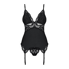 Сатиновый кружевной корсет Obsessive 810-COR-1 babydoll & thong S/M, черный, корсет, танга