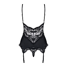 Сатиновый кружевной корсет Obsessive 810-COR-1 babydoll & thong S/M, черный, корсет, танга