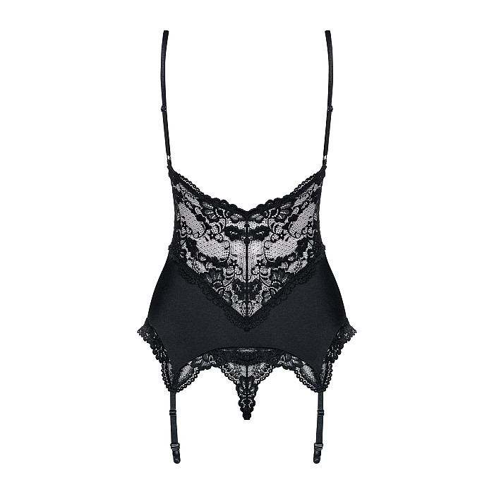 Сатиновий мереживний корсет Obsessive 810-COR-1 babydoll & thong S/M, чорний, корсет, танга