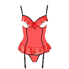 Корсет с открытой грудью CHERRY CORSET red L/XL - Passion Exclusive, трусики, пажи, стрэпы, оборочки