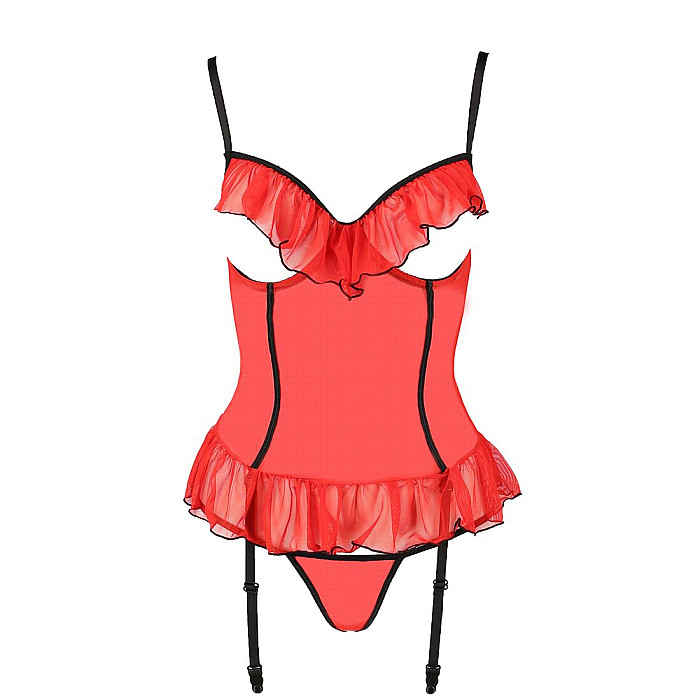 Корсет з відкритими грудьми CHERRY CORSET red L/XL - Passion Exclusive, трусики, пажі, стрепи, оборк