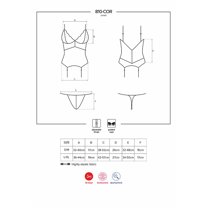 Сатиновый кружевной корсет Obsessive 810-COR-1 babydoll & thong L/XL, черный, корсет, танга