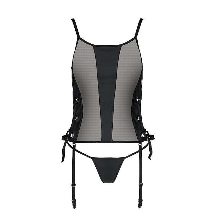 Сетчатый корсет с люверсами и съемными пажами Passion MALWIA CORSET L/XL, black, эко-кожа, стринги