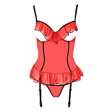 Корсет с открытой грудью CHERRY CORSET red S/M - Passion Exclusive, трусики, пажи, стрэпы, оборочки