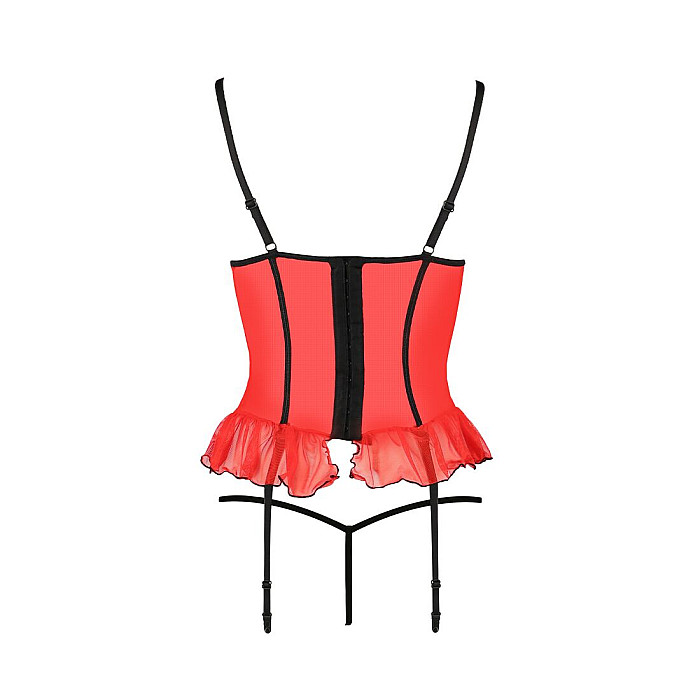 Корсет с открытой грудью CHERRY CORSET red S/M - Passion Exclusive, трусики, пажи, стрэпы, оборочки