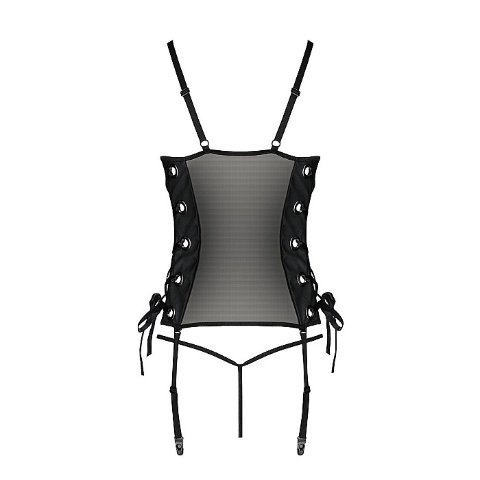 Сетчатый корсет с люверсами и съемными пажами Passion MALWIA CORSET S/M, black, эко-кожа, стринги