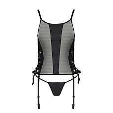 Сетчатый корсет с люверсами и съемными пажами Passion MALWIA CORSET S/M, black, эко-кожа, стринги
