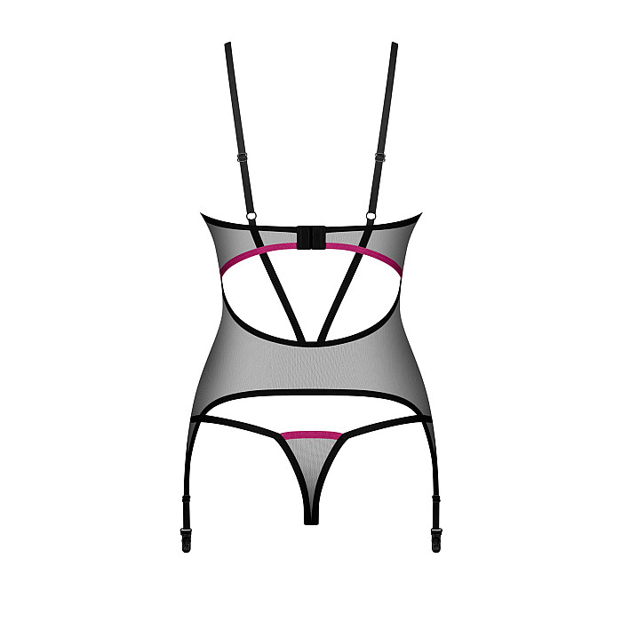 Корсет Obsessive Novenes corset & thong, M/L, прозрачный, открытая спина, стринги в комплекте