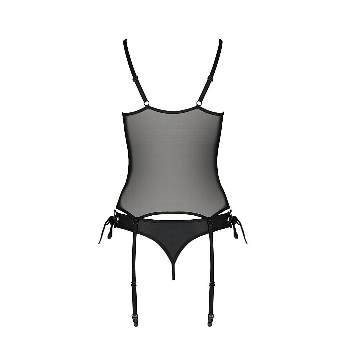 Корсет со шнуровкой Passion NESSY CORSET L/XL black, стринги с открытым доступом, пажи для чулок