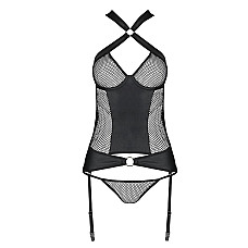 Сетчатый комплект корсет с халтером, съемные подвязки и трусики Passion AMANDA CORSET L/XL, black