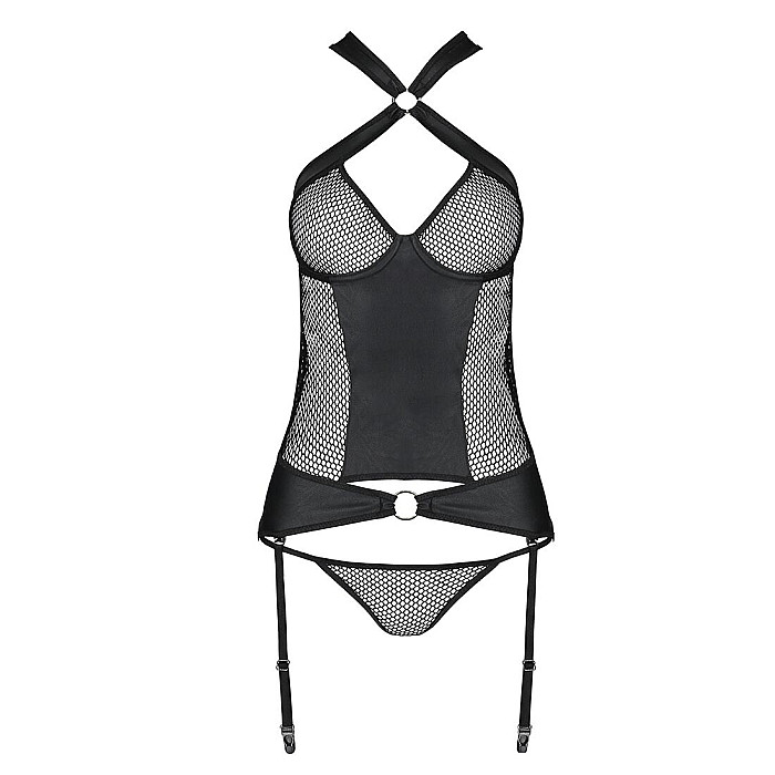 Сетчатый комплект корсет с халтером, съемные подвязки и трусики Passion AMANDA CORSET L/XL, black
