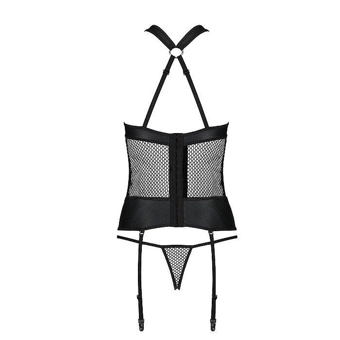 Сетчатый комплект корсет с халтером, съемные подвязки и трусики Passion AMANDA CORSET L/XL, black