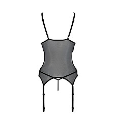 Корсет с подвязками и ажурным лифом Passion CHRISTA CORSET L/XL, black, стринги в комплекте