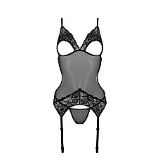 Корсет с подвязками и ажурным лифом Passion CHRISTA CORSET L/XL, black, стринги в комплекте