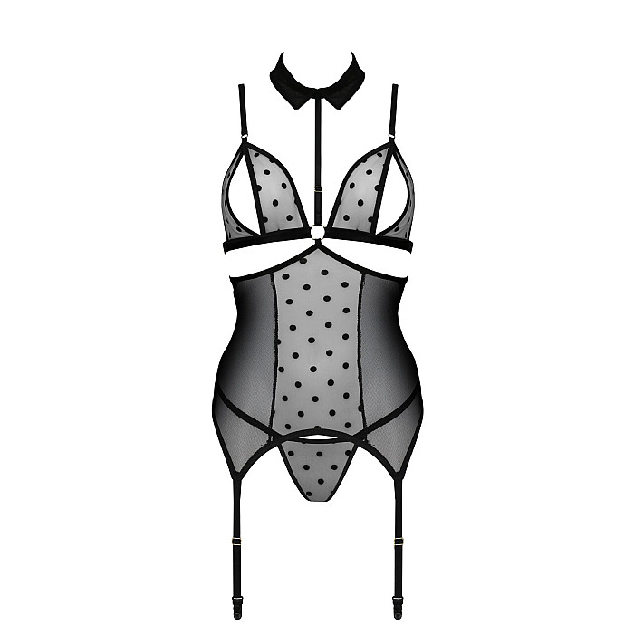 Корсет з відкритими грудьми Passion DOMINICA CORSET S/M black, пажі для панчіх, стрінги