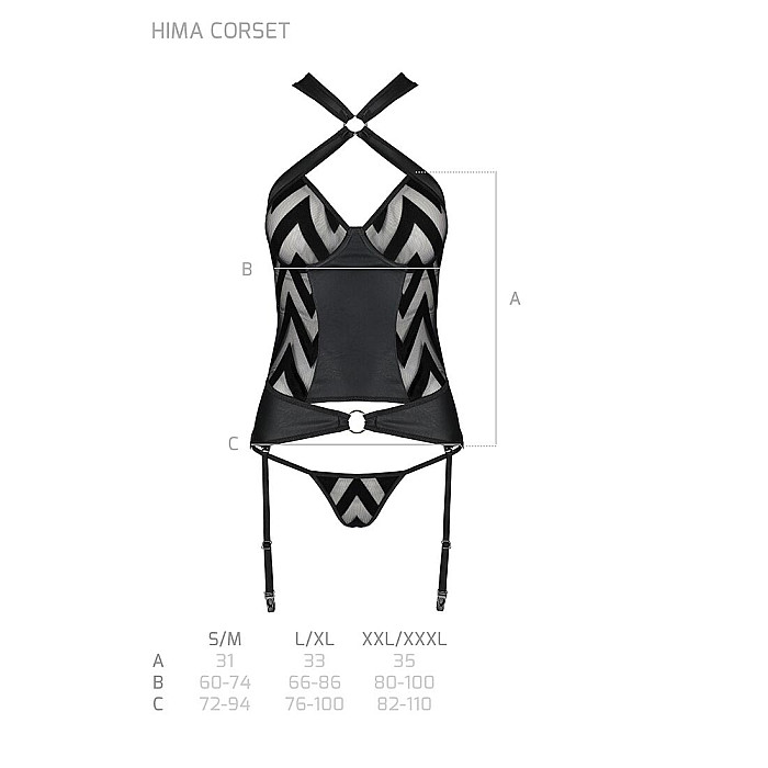 Сітчастий комплект із візерунком Passion HIMA CORSET L/XL black корсет з халтером, підв'язки, трусики
