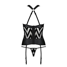 Сетчатый комплект с узором Passion HIMA CORSET L/XL, black, корсет с халтером, подвязки, трусики