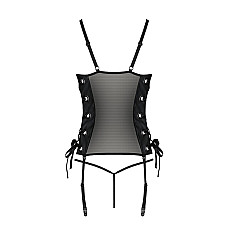 Сетчатый корсет с люверсами и съемными пажами Passion MALWIA CORSET 2XL/3XL black, эко-кожа, стринги