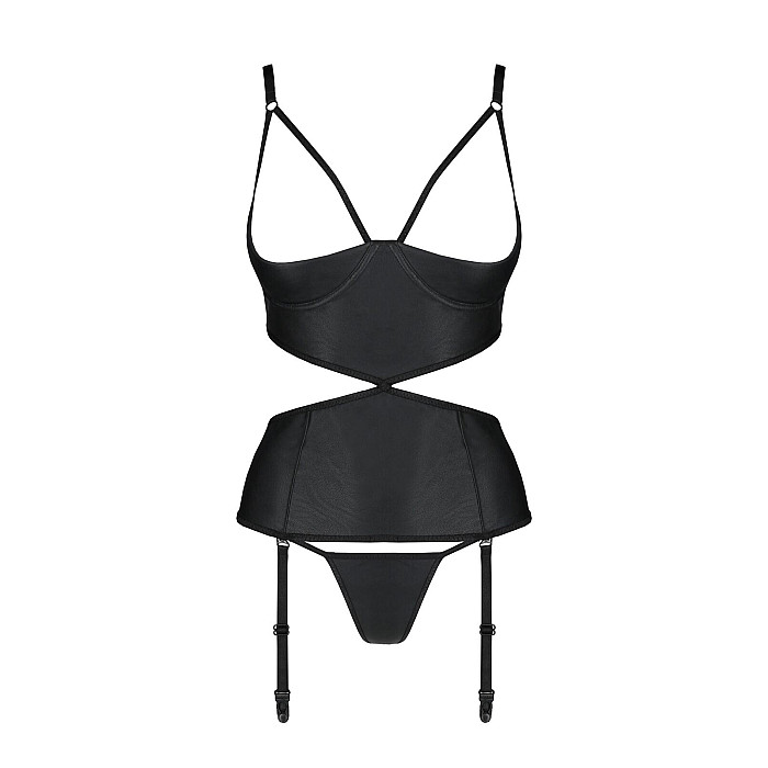 Корсет с открытой грудью Passion JANNIES CORSET L/XL black, стринги в наборе