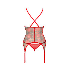 Корсет Obsessive Jollymore corset, XS/S, в клетку, с кружевом, пажи для чулок, стринги в комплекте