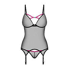 Корсет Obsessive Novenes corset & thong, XL/2XL, прозрачный, открытая спина, стринги в комплекте
