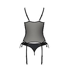 Корсет со шнуровкой Passion NESSY CORSET S/M black, стринги с открытым доступом, пажи для чулок