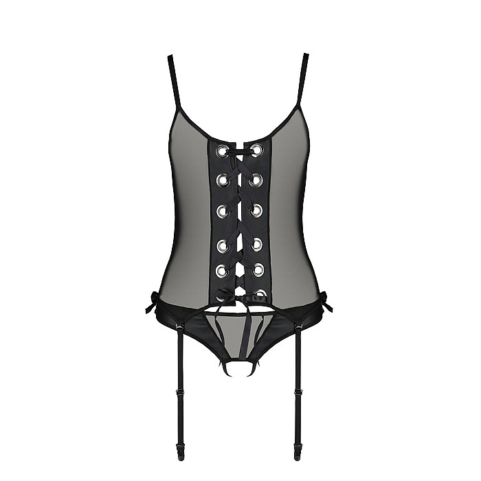 Корсет со шнуровкой Passion NESSY CORSET S/M black, стринги с открытым доступом, пажи для чулок