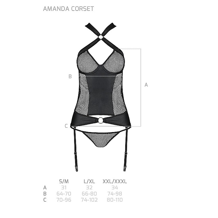 Сетчатый комплект корсет с халтером, съемные подвязки и трусики Passion AMANDA CORSET S/M, black