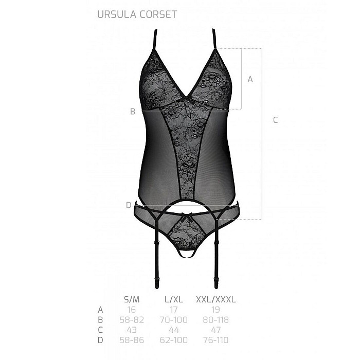 Корсет с пажами, трусики с ажурным декором и открытым шагом Passion URSULA CORSET S/M, black