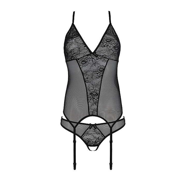 Корсет с пажами, трусики с ажурным декором и открытым шагом Passion URSULA CORSET S/M, black