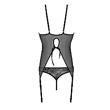 Корсет с пажами, трусики с ажурным декором и открытым шагом Passion URSULA CORSET S/M, black