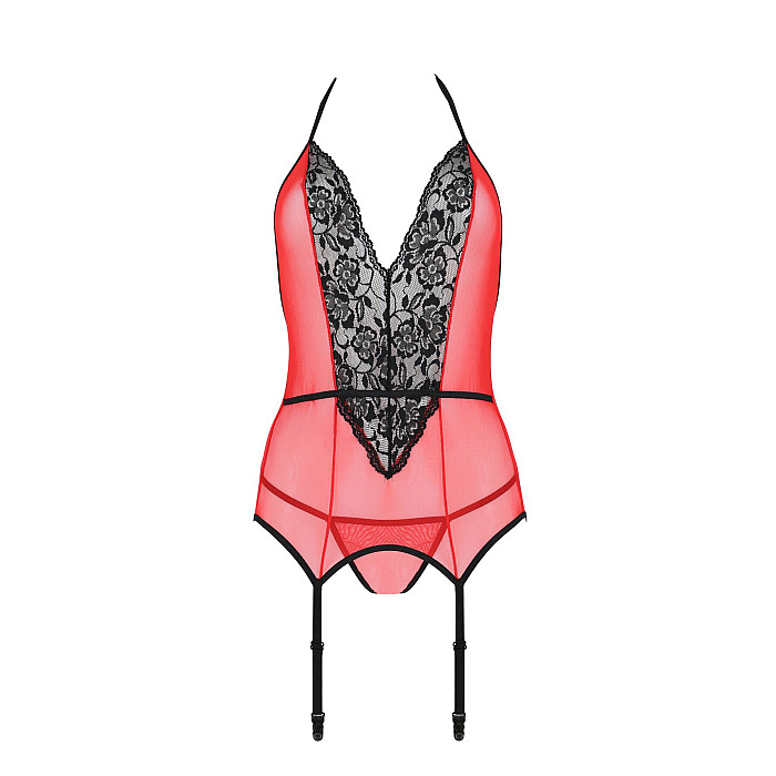 Корсет с пажами для чулок Passion PEONIA CORSET XXL/XXXL red стринги