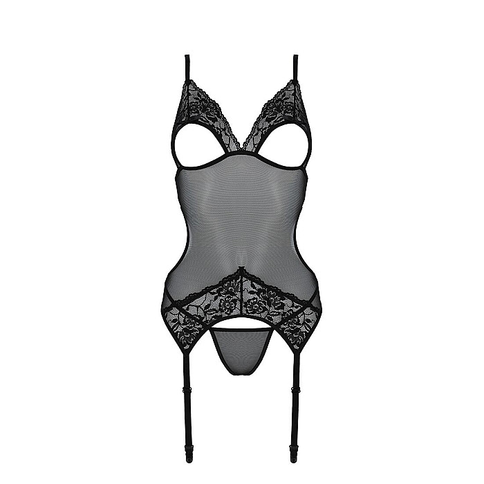 Корсет с подвязками и ажурным лифом Passion CHRISTA CORSET S/M, black, стринги в комплекте