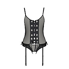 Корсет со шнуровкой Passion NESSY CORSET XXL/XXXL black, стринги с открытым доступом, пажи для чулок