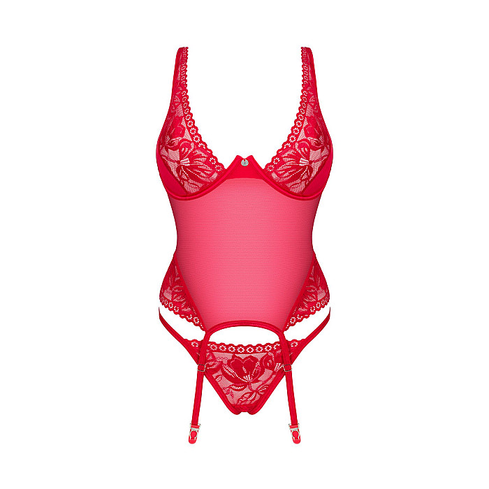 Прозрачный корсет Obsessive Lacelove corset XS/S Red, кружево, подвязки для чулок