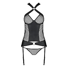 Сетчатый комплект корсет с халтером, съемные подвязки и трусики Passion AMANDA CORSET 2XL/3XL black