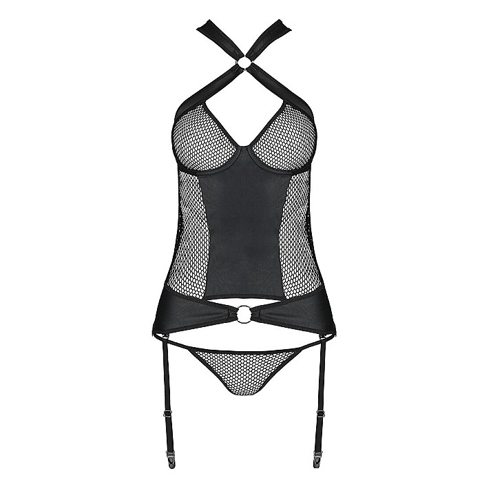 Сетчатый комплект корсет с халтером, съемные подвязки и трусики Passion AMANDA CORSET 2XL/3XL black